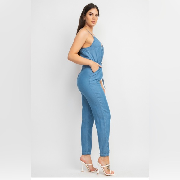 Giselle- Iris Scallop Trim Cami Denim Jumpsuit - Picture 2 of 4